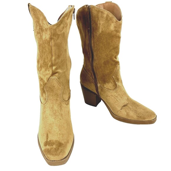 POP Natural Faux Suede Cowgirl Boots Womens SZ 10 Side Zip Chunky Heel Boho Chic - Picture 1 of 13